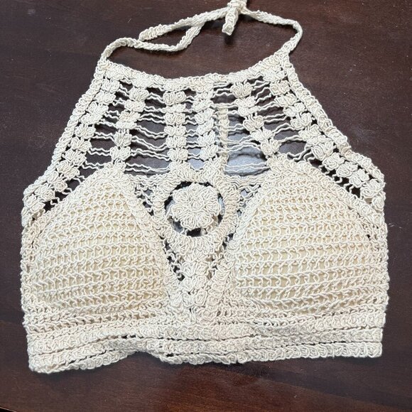 Sans Souci Tops - Sans Souci Halter Crochet Top Cream Lined Boho Size M